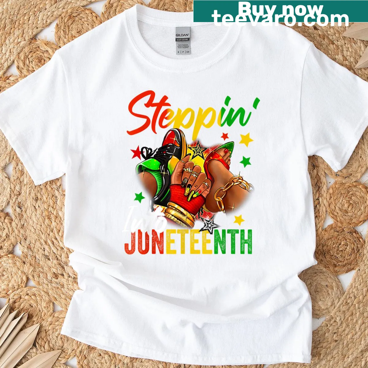 Illustrated Afro woman and girls wearing sneakers on Juneteenth T-shirt — on a men's t-shirt