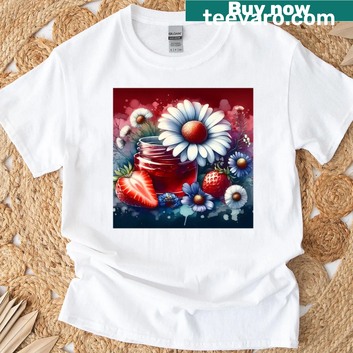 Illustrated T-shirt featuring strawberry jam design — on a men's t-shirt
