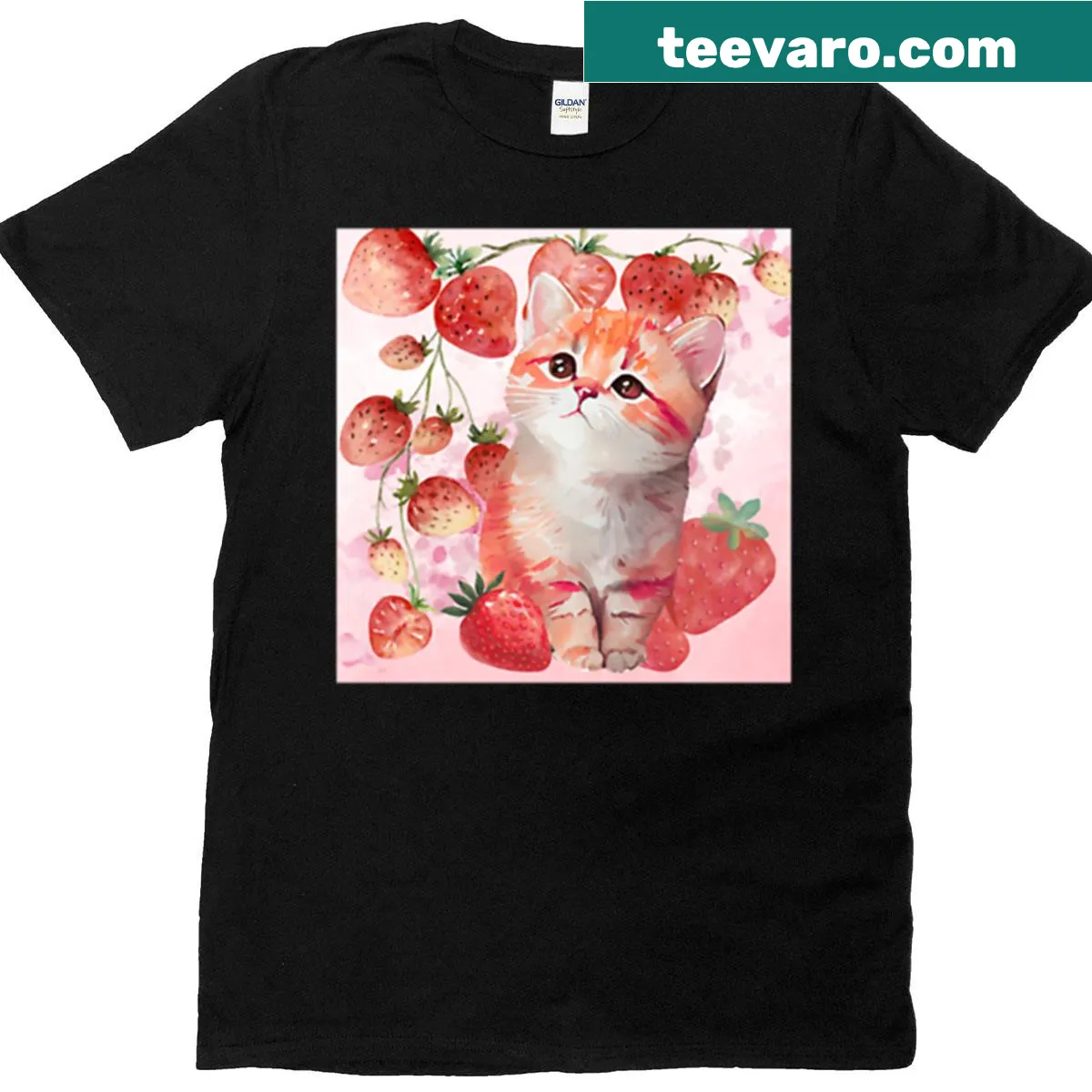 T-shirt featuring an illustrated cat with strawberries — on a men's t-shirt