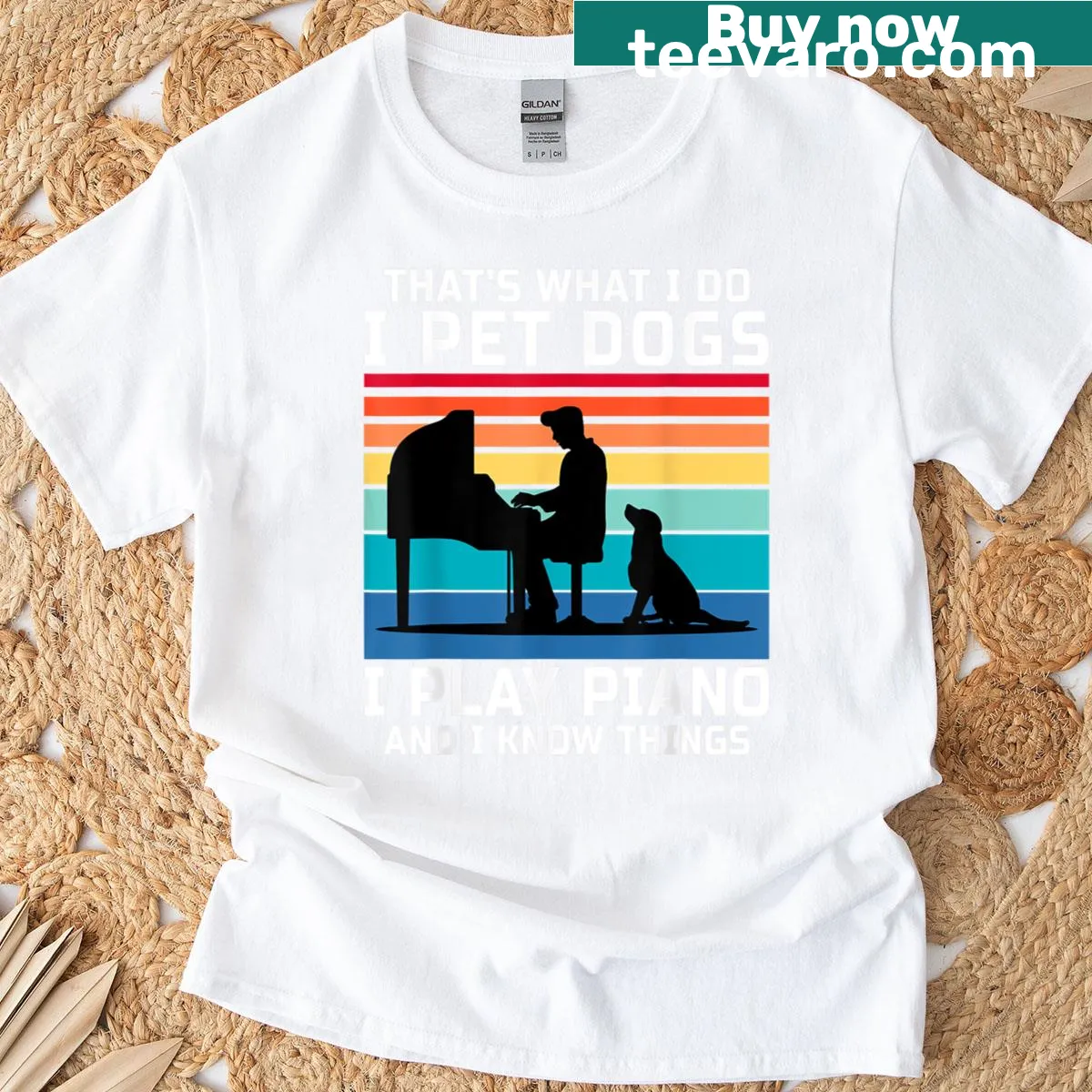 Humorous T-shirt about dogs and piano playing — on a men's t-shirt