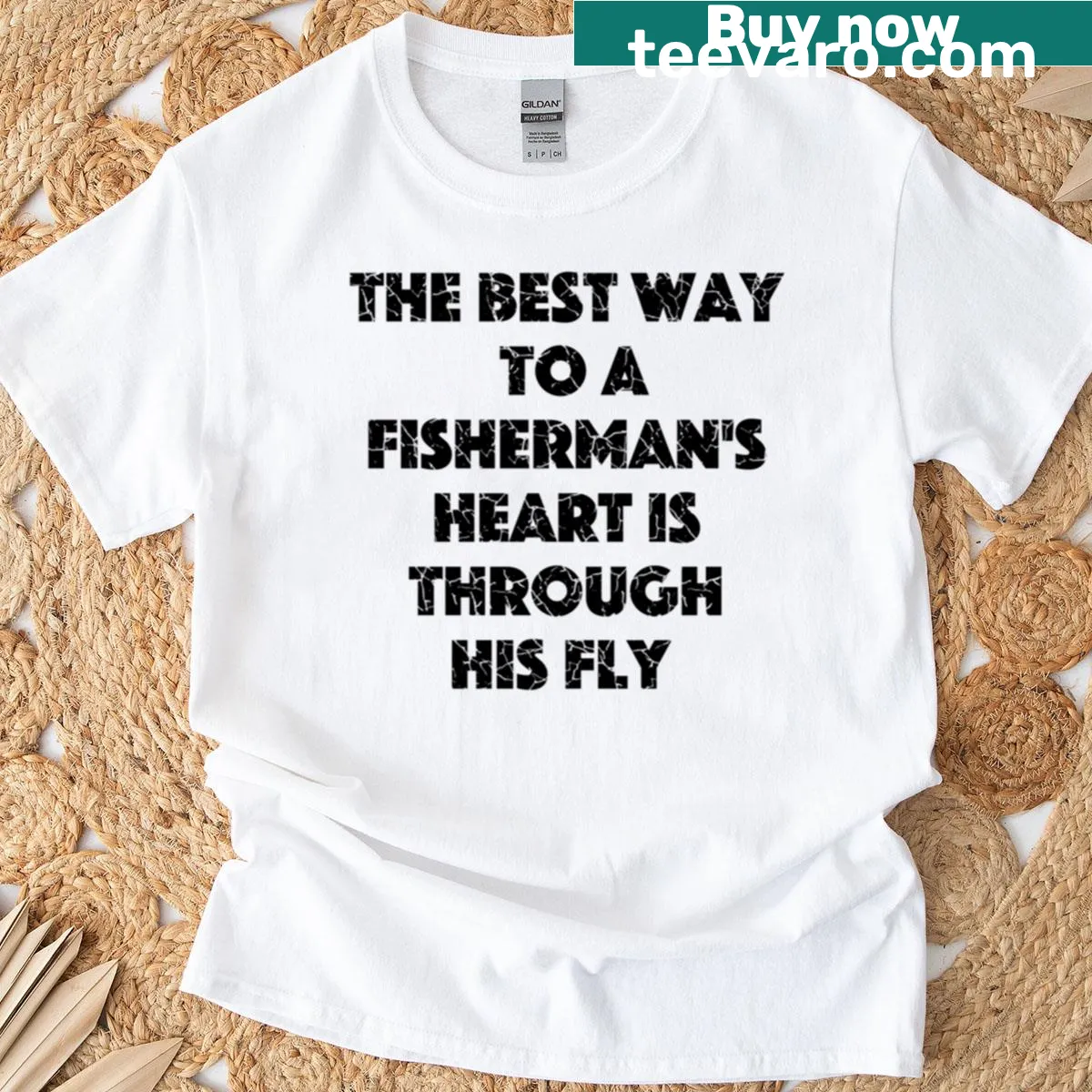 Witty fishing-themed T-shirt with text about a fisherman's heart — on a men's t-shirt