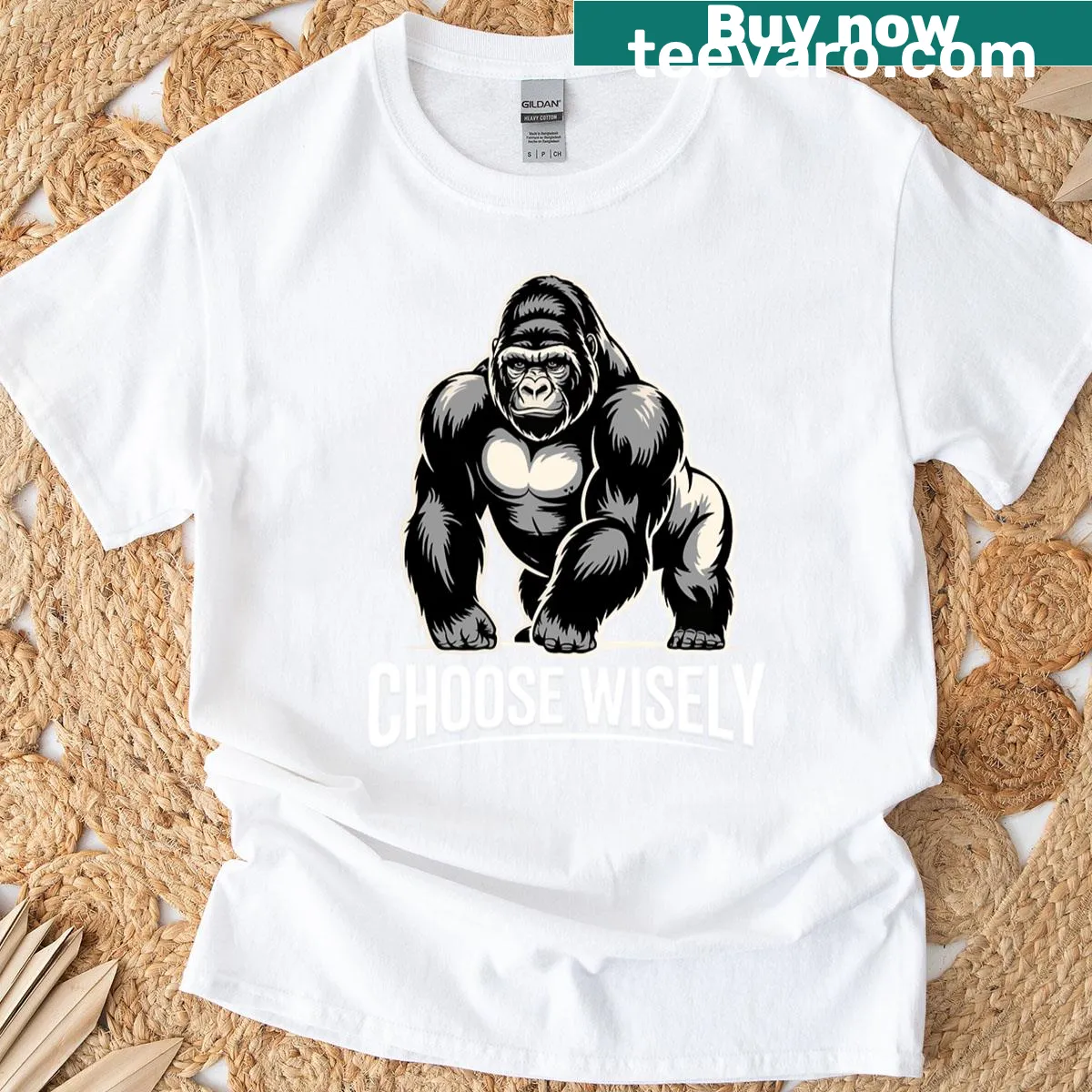 Thoughtful design of gorillas gazing with text about wise choices — on a men's t-shirt
