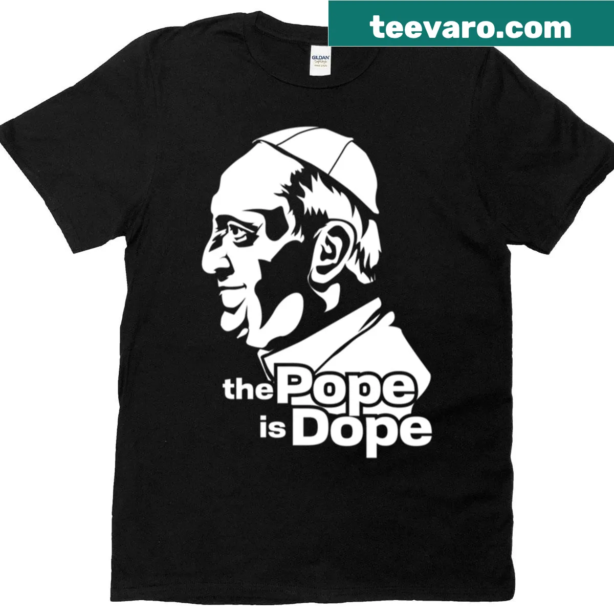 T-shirt featuring the phrase 'The Pope Is Dope' in bold text — on a men's t-shirt
