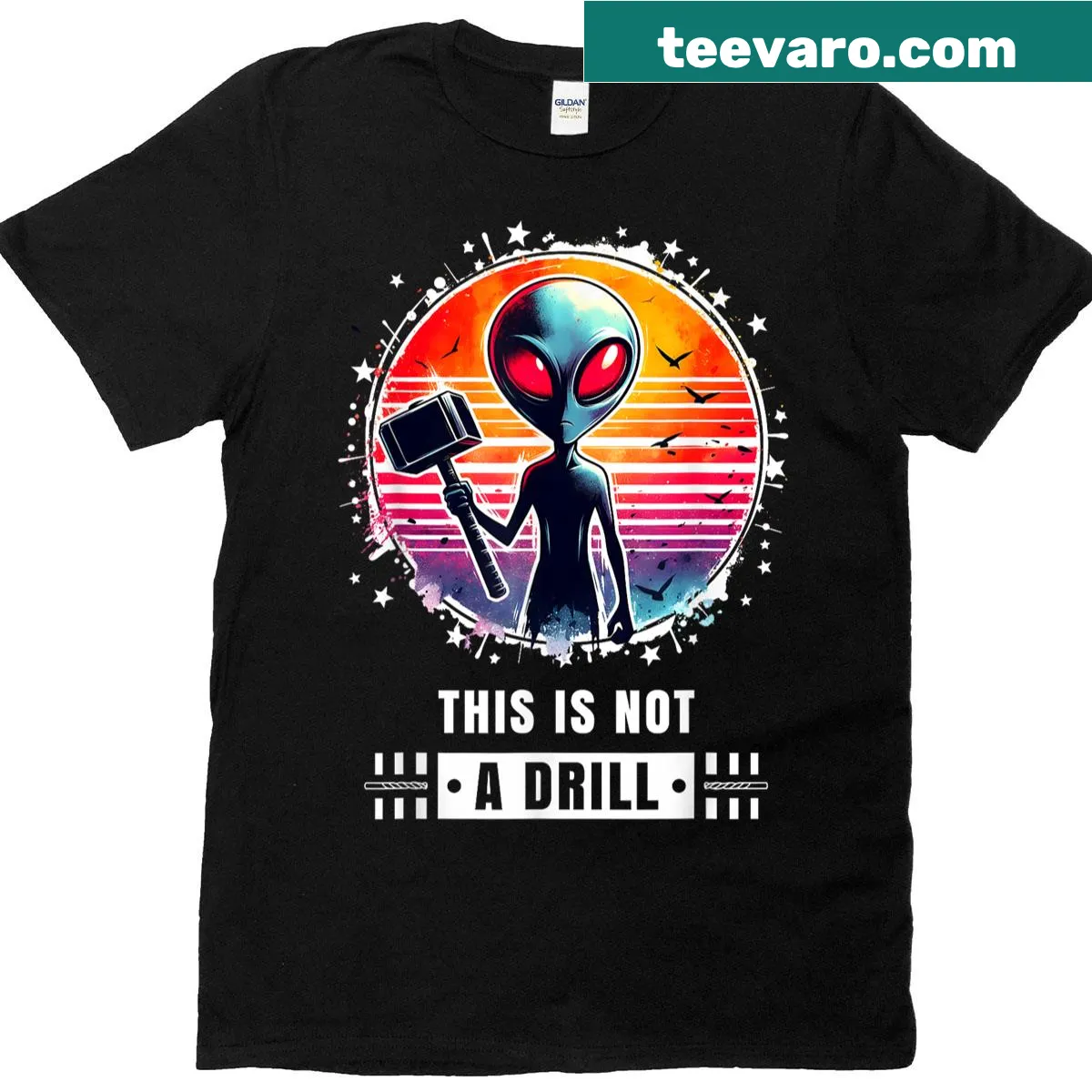 Funny T-shirt with alien hammer repair dad joke text — on a men's t-shirt