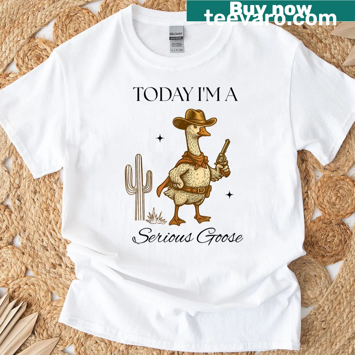 Funny cowboy goose with pistol graphic on a t-shirt — on a men's t-shirt