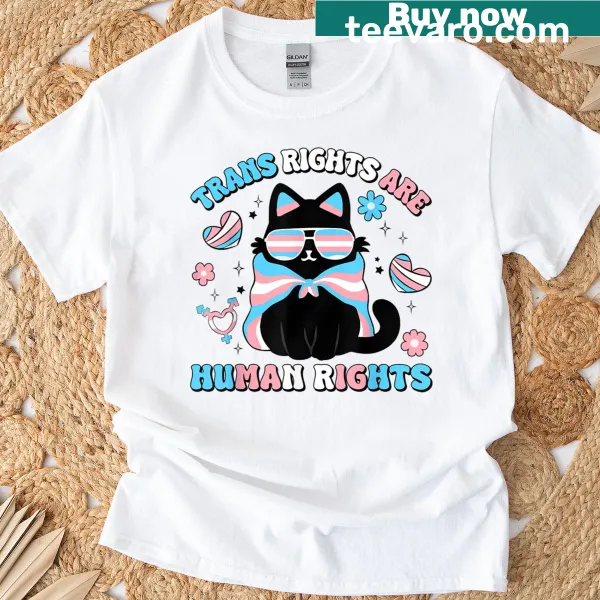 T-shirt with text 'Trans Rights Are Human Rights' and a cat graphic