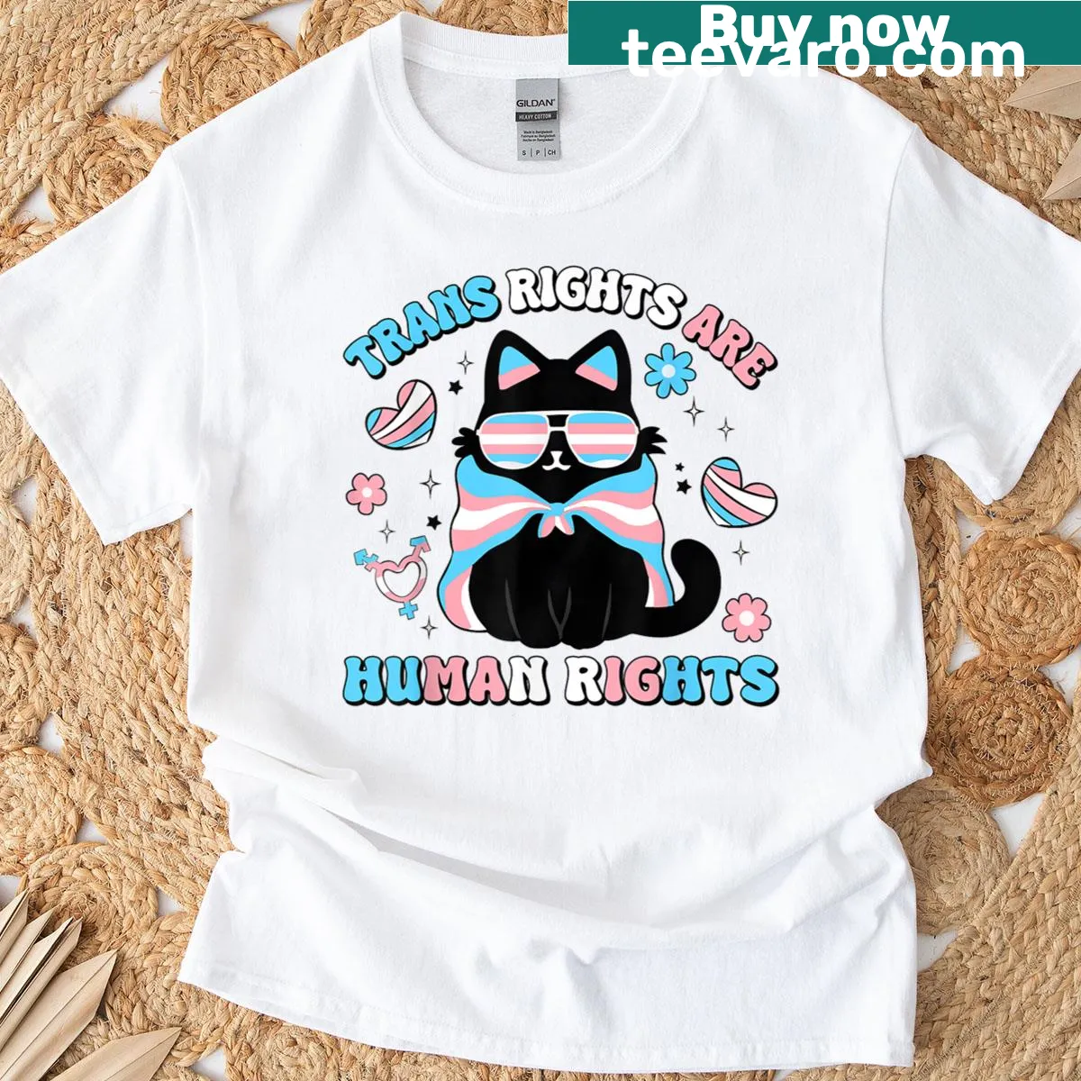 T-shirt with text 'Trans Rights Are Human Rights' and a cat graphic — on a men's t-shirt