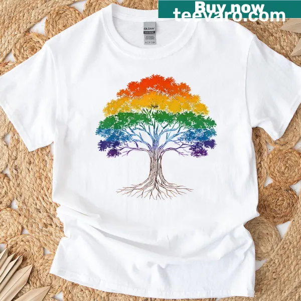 Nature-themed t-shirt featuring a rainbow tree graphic