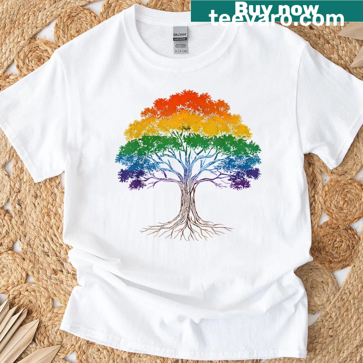 Nature-themed t-shirt featuring a rainbow tree graphic — on a men's t-shirt
