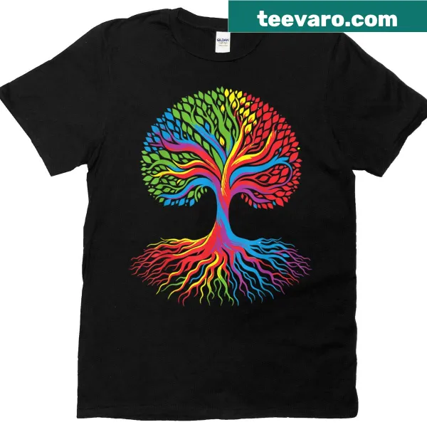 Rainbow tree design with LGBTQ+ pride colors on a T-shirt.