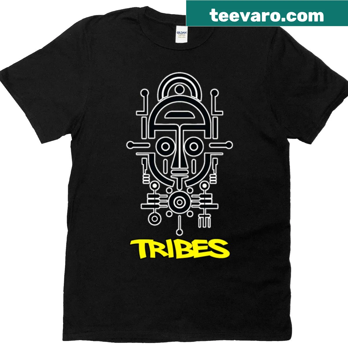 T-shirt featuring bold typography of the word 'Tribes' — on a men's t-shirt