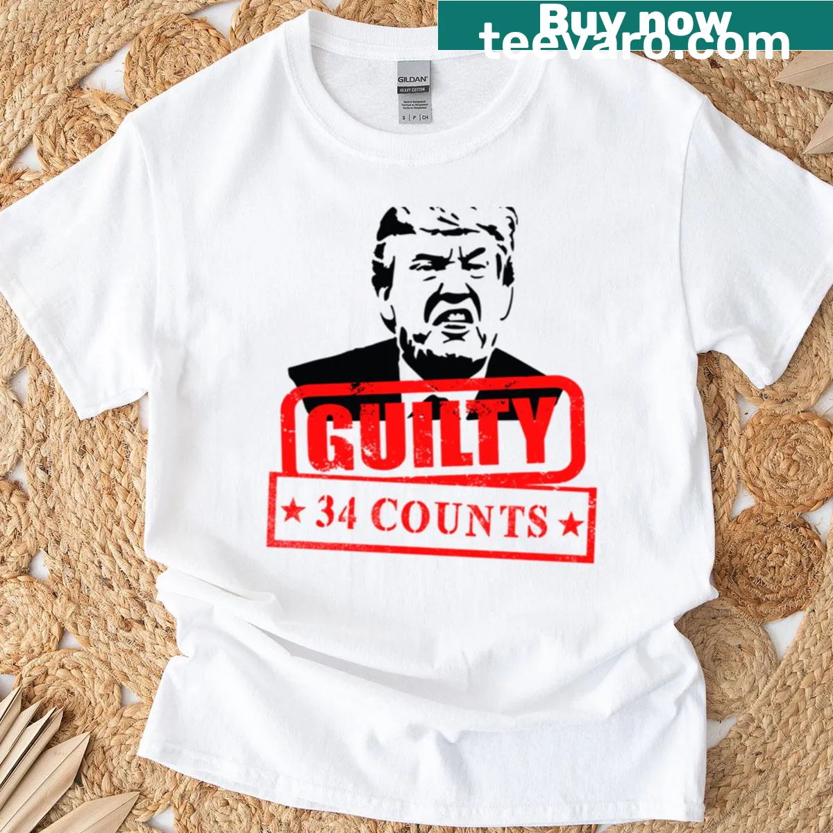 Graphic of 'Trump Guilty 34 Counts' on a t-shirt — on a men's t-shirt