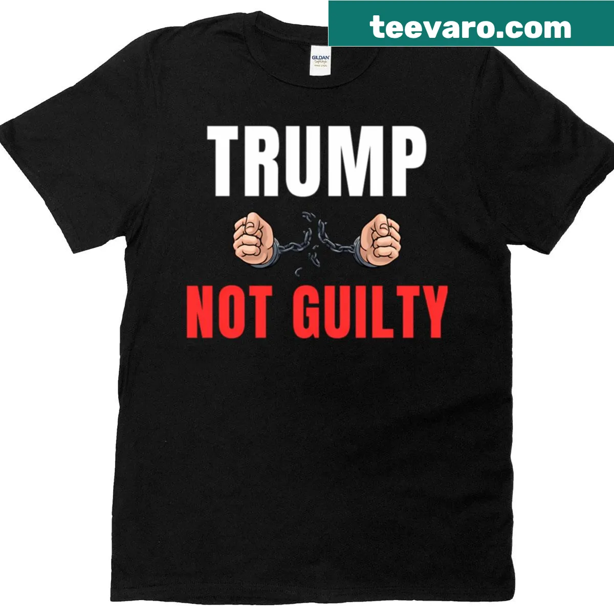 Graphic T-shirt featuring the phrase 'Trump Not Guilty' in bold letters. — on a men's t-shirt