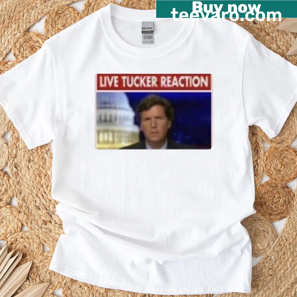 T-shirt with an illustration of Tucker Carlson and his reaction style — on a men's t-shirt