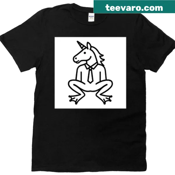 Cartoon frog in a suit with a unicorn horn on a t-shirt