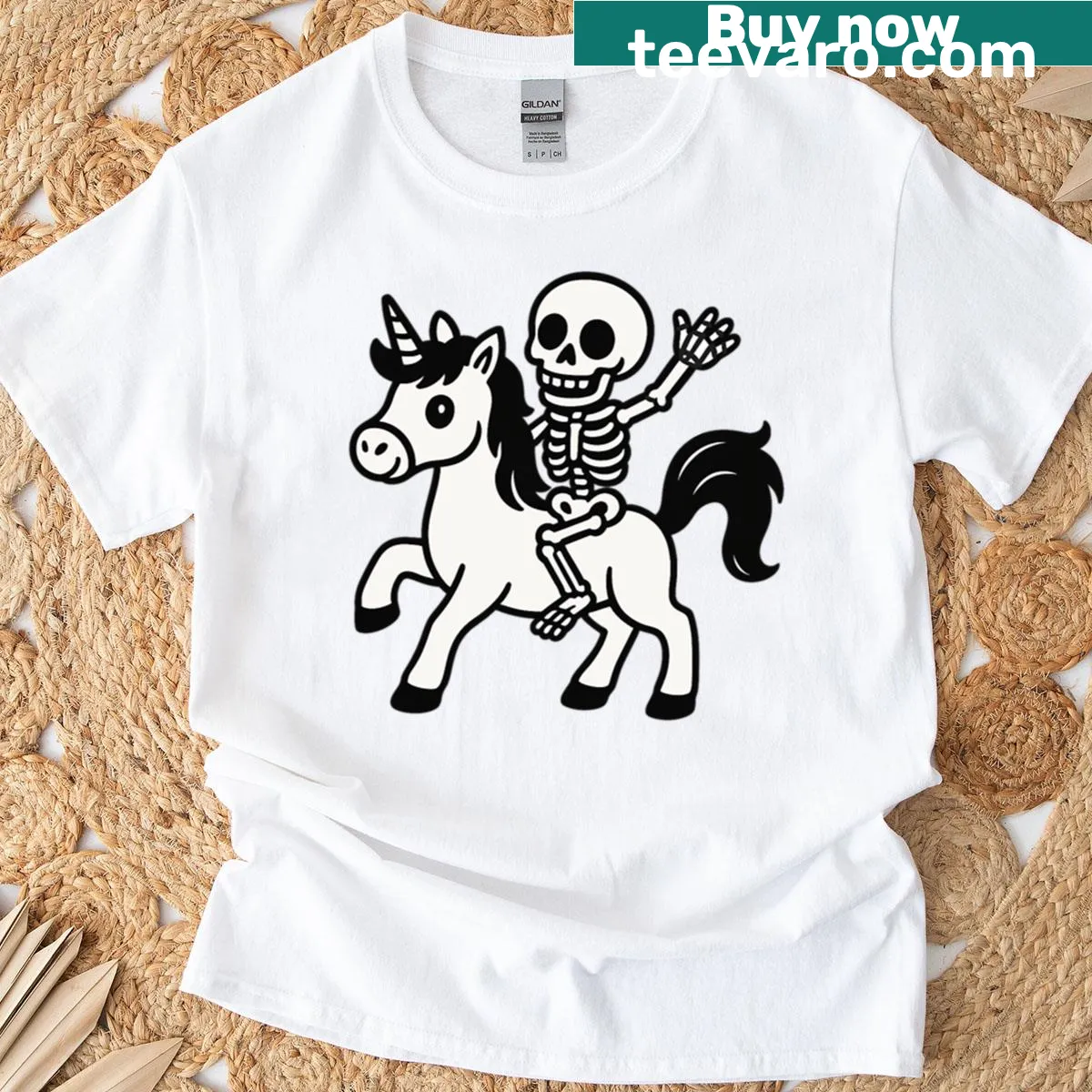 T-shirt with unicorn skeleton illustration — on a men's t-shirt