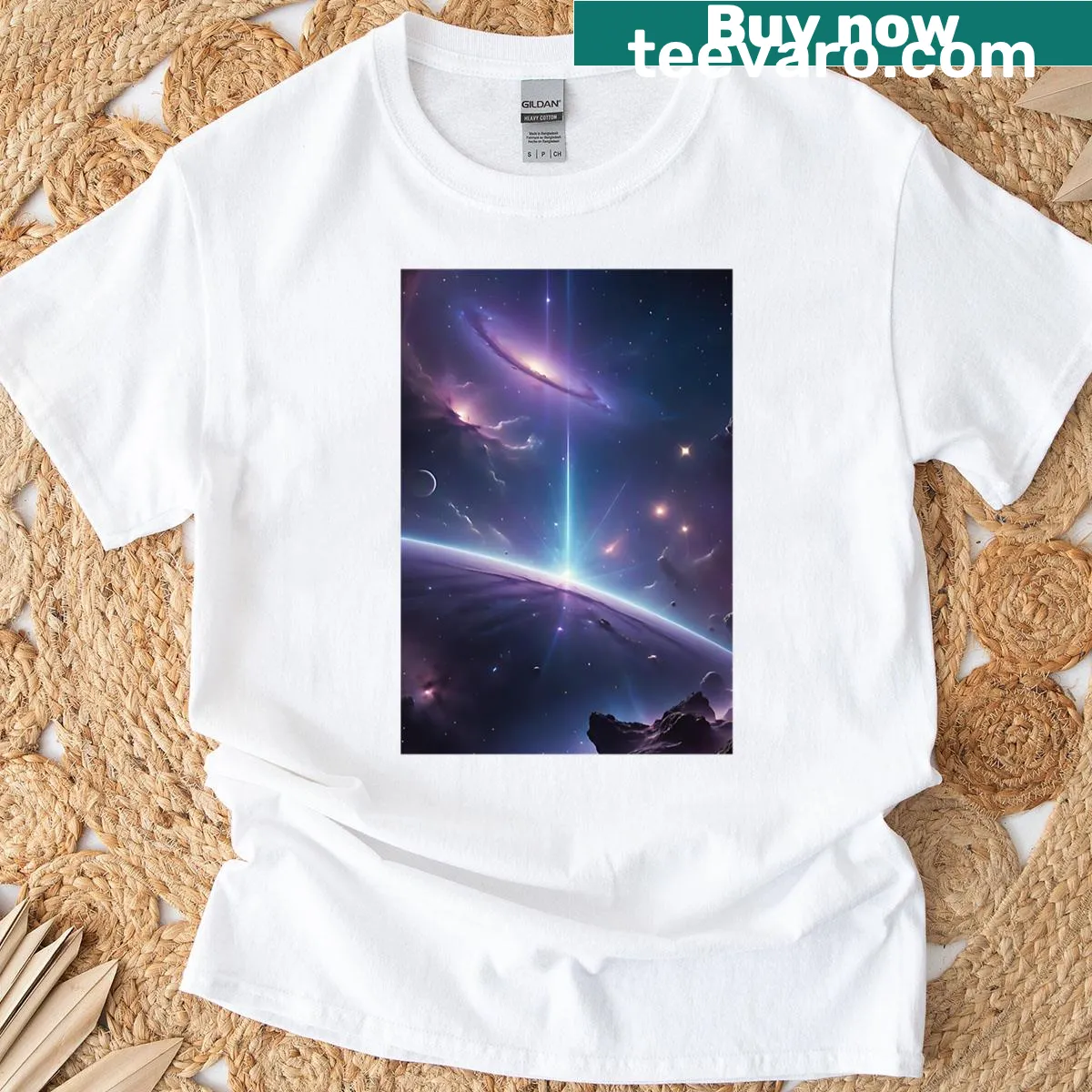 Minimalist galaxy design featuring gravity and stars on a T-shirt — on a men's t-shirt