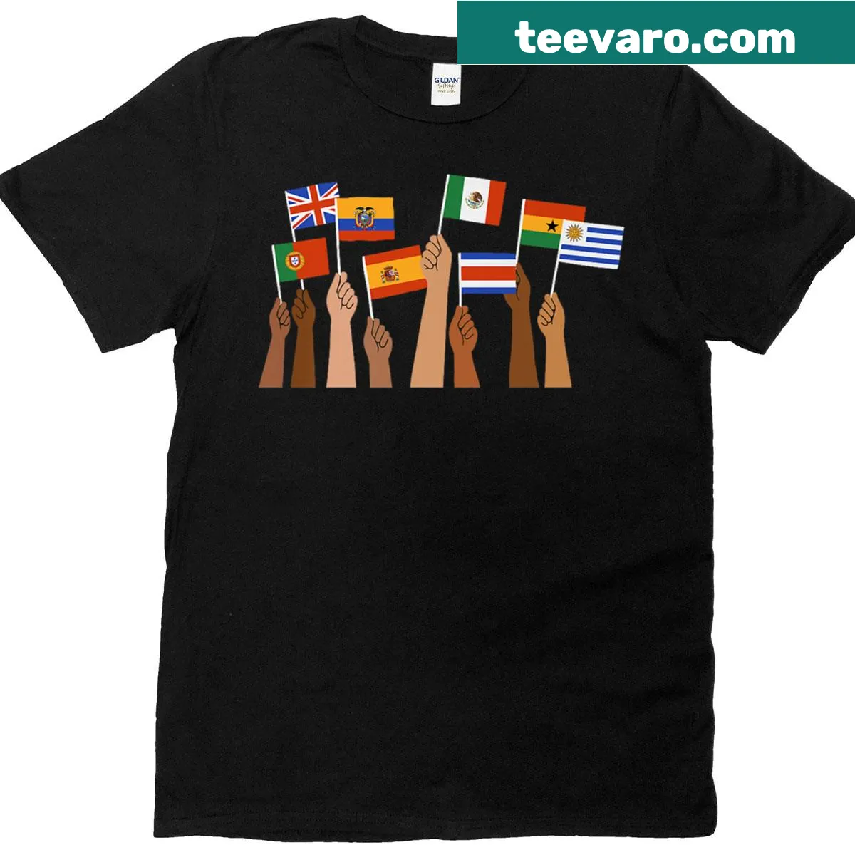 T-shirt featuring various flags from around the world in an illustrative design — on a men's t-shirt