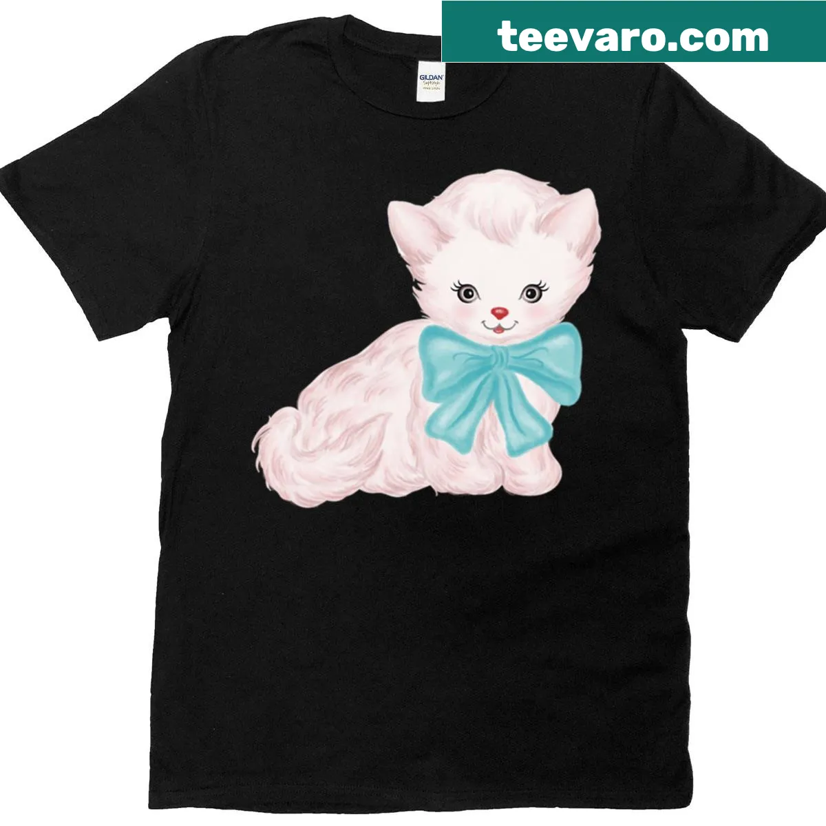 Vintage kitten t-shirt with cute graphic of a kitten wearing a blue bow — on a men's t-shirt