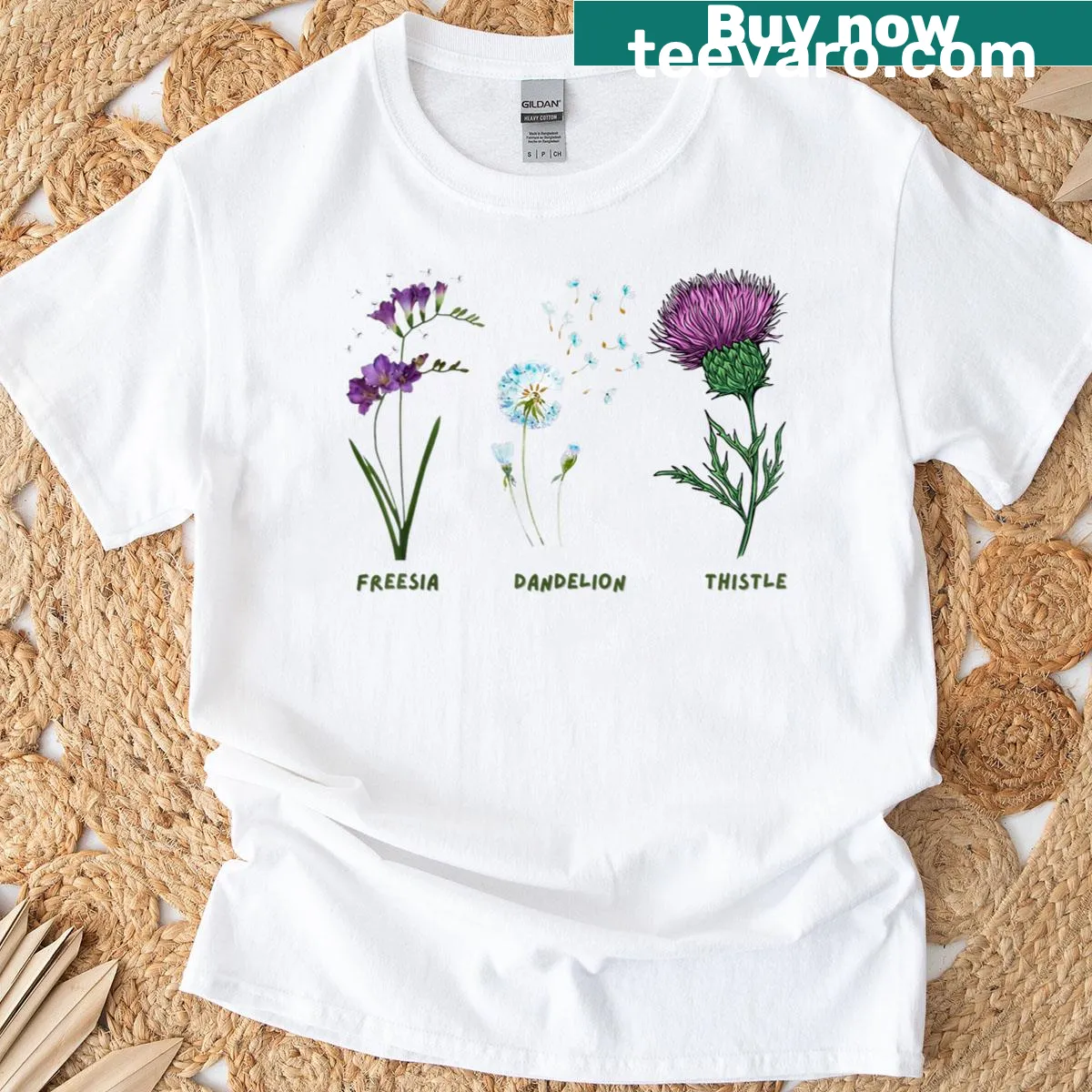 Vintage floral graphic featuring freesia, dandelion, and thistle on a tee — on a men's t-shirt