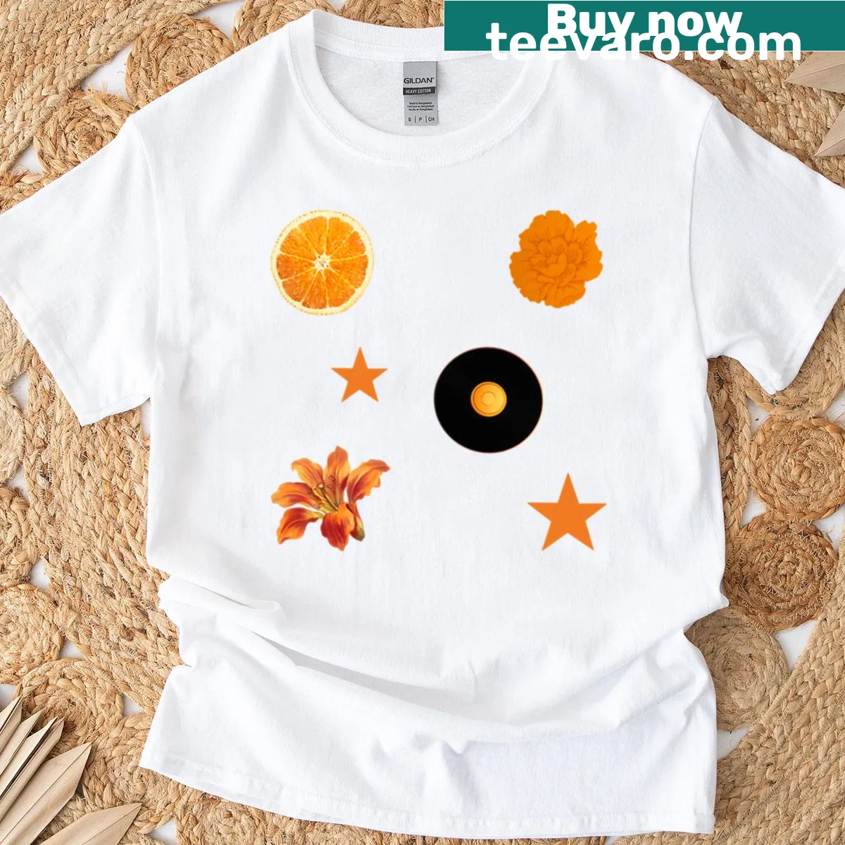 Vintage Vibes typography on orange T-shirt — on a men's t-shirt