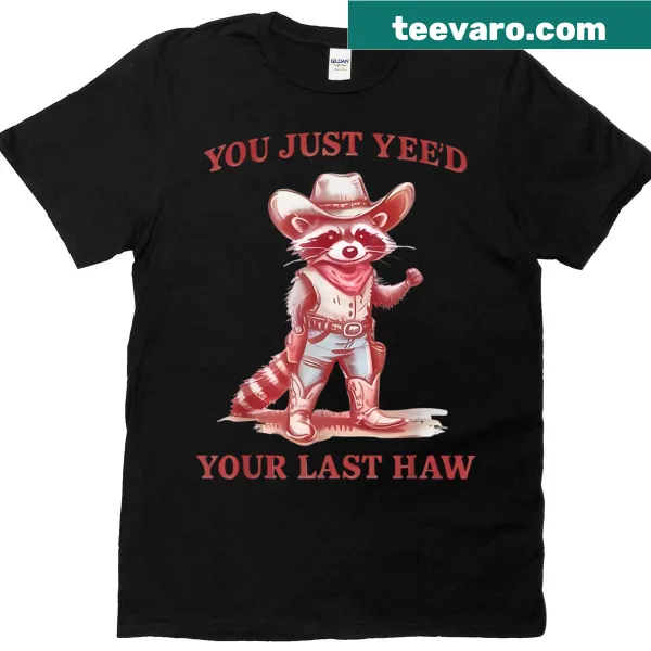 Cartoon raccoon in cowboy attire with humorous text