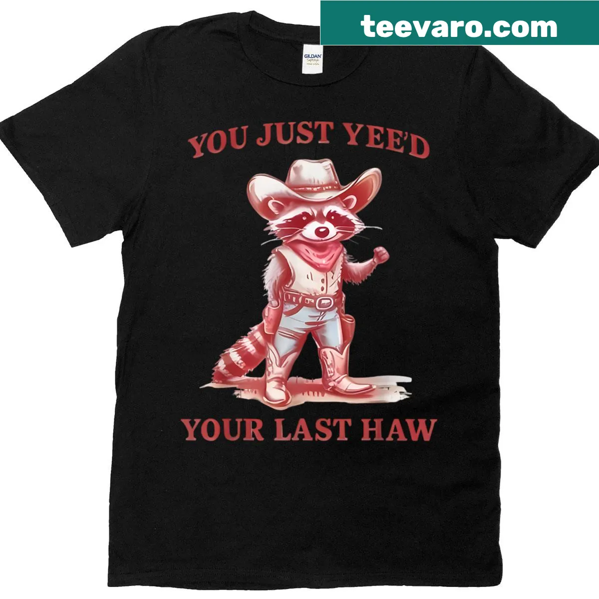 Cartoon raccoon in cowboy attire with humorous text — on a men's t-shirt