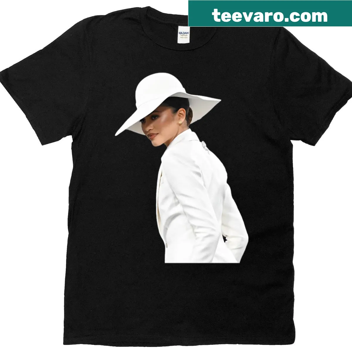 Illustrative design of Zendaya's Met Gala hat with background — on a men's t-shirt