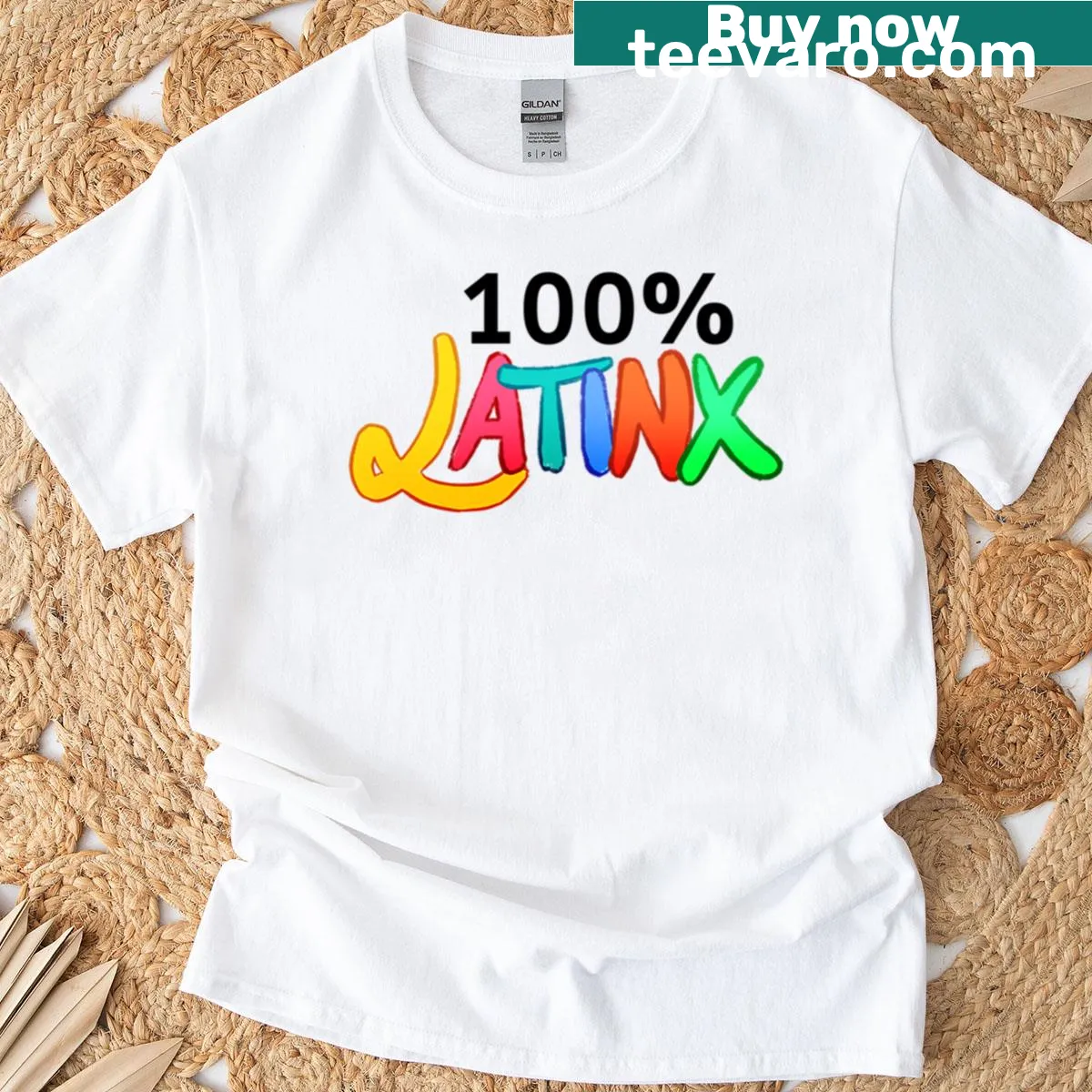 Bold t-shirt with '100 Latinx' text design — on a men's t-shirt