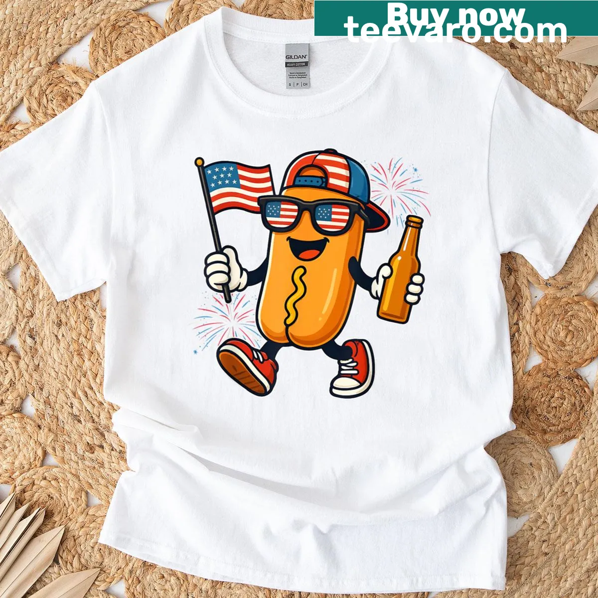 Funny hotdog t-shirt with patriotic design for July 4th — on a men's t-shirt