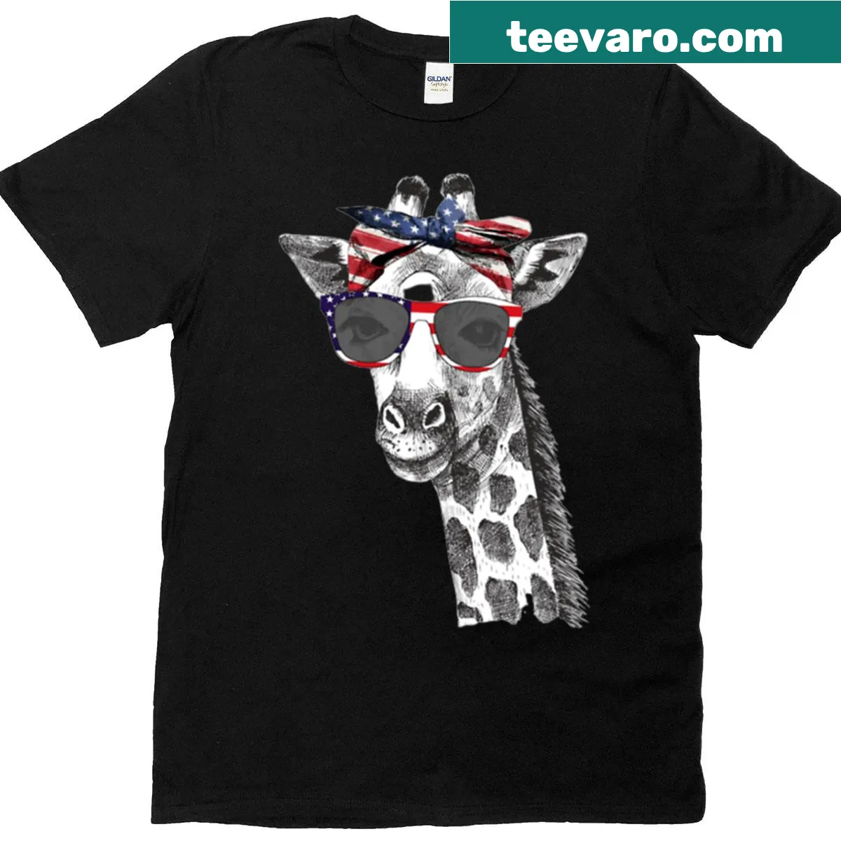 Patriotic giraffe t-shirt with American flag design — on a men's t-shirt