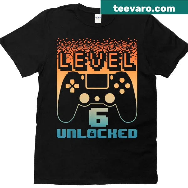 T-shirt with 'Level 6 Unlocked' design for a 6th birthday celebration.