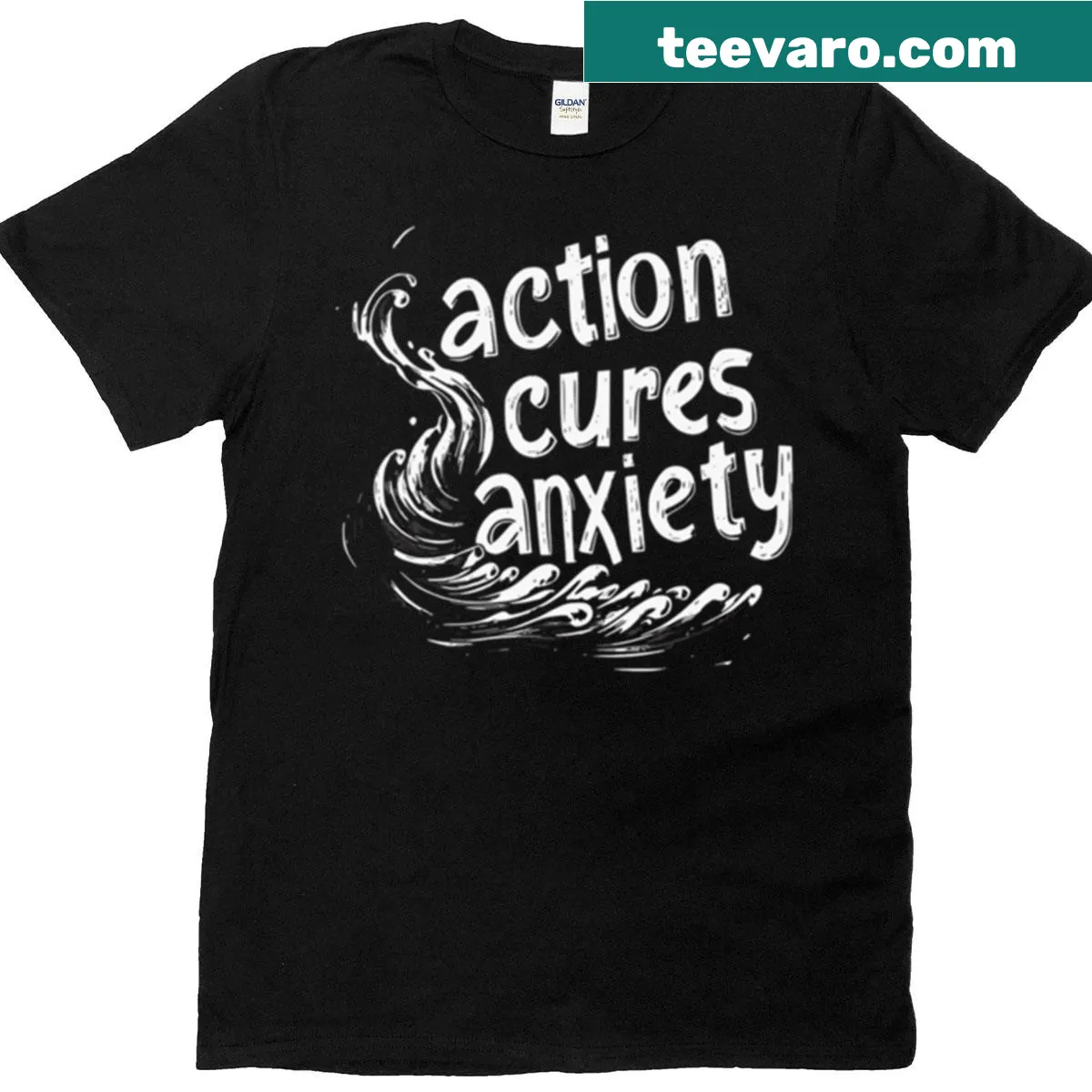 T-shirt with the motivational phrase 'Action Cures Anxiety' — on a men's t-shirt