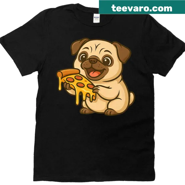 Cute cartoon pug design with pizza on a T-shirt