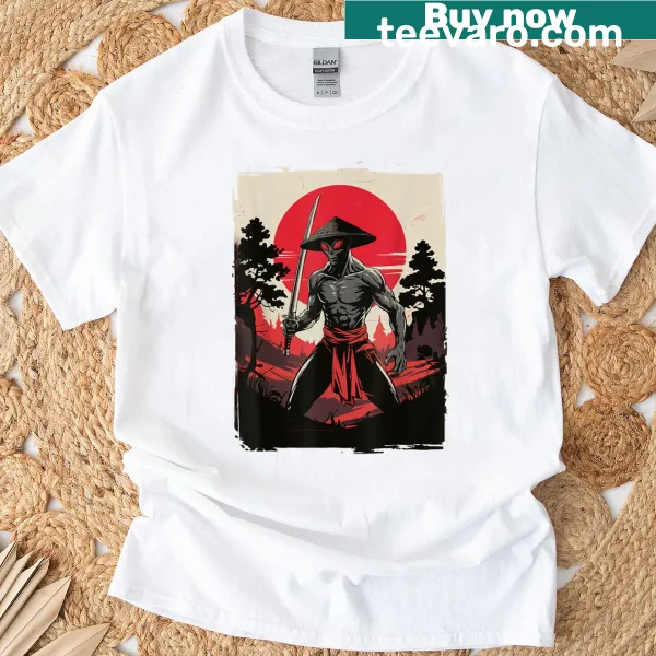 Illustration of an alien samurai with a sword on a T-shirt