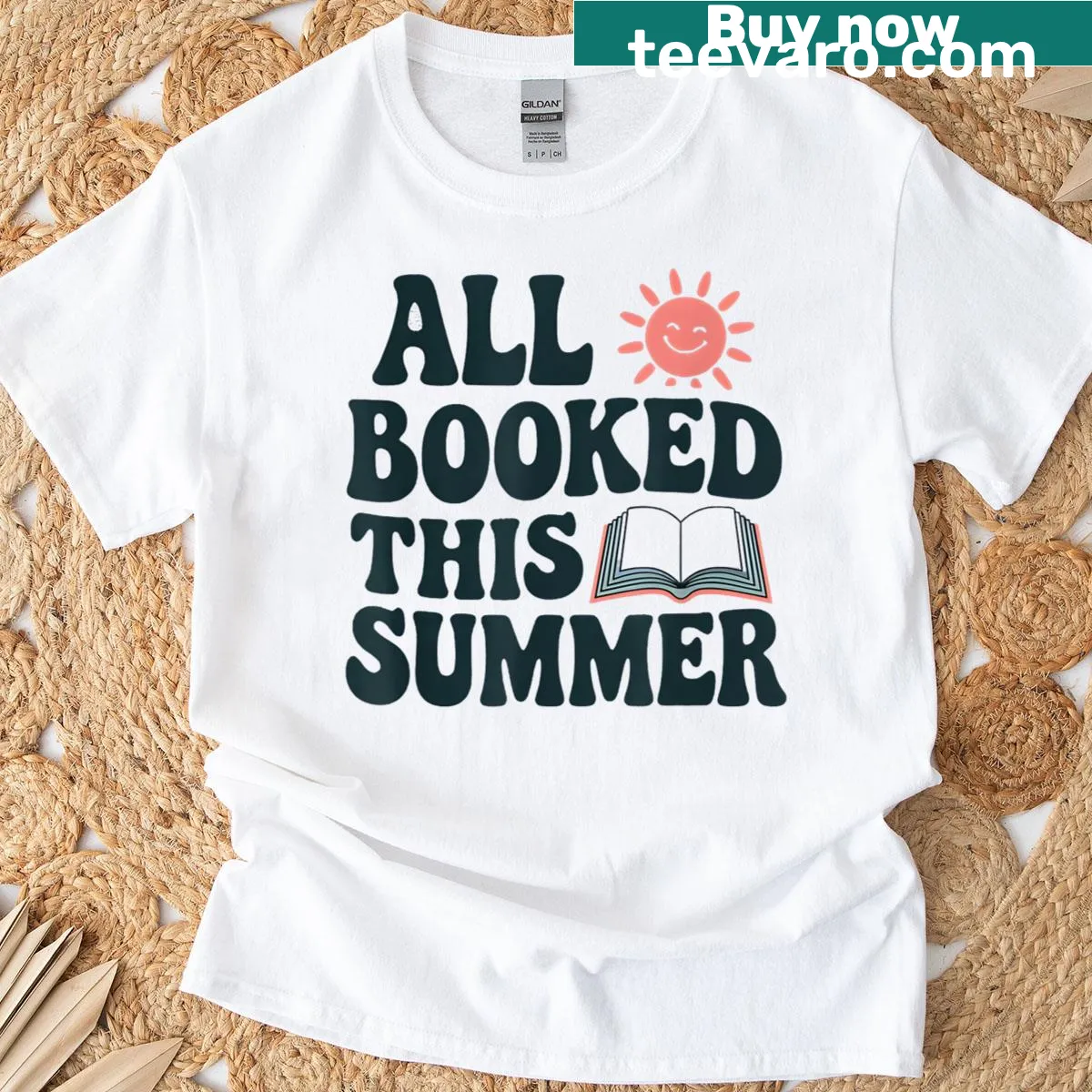 Text graphic of 'All Booked This Summer' on a T-shirt — on a men's t-shirt