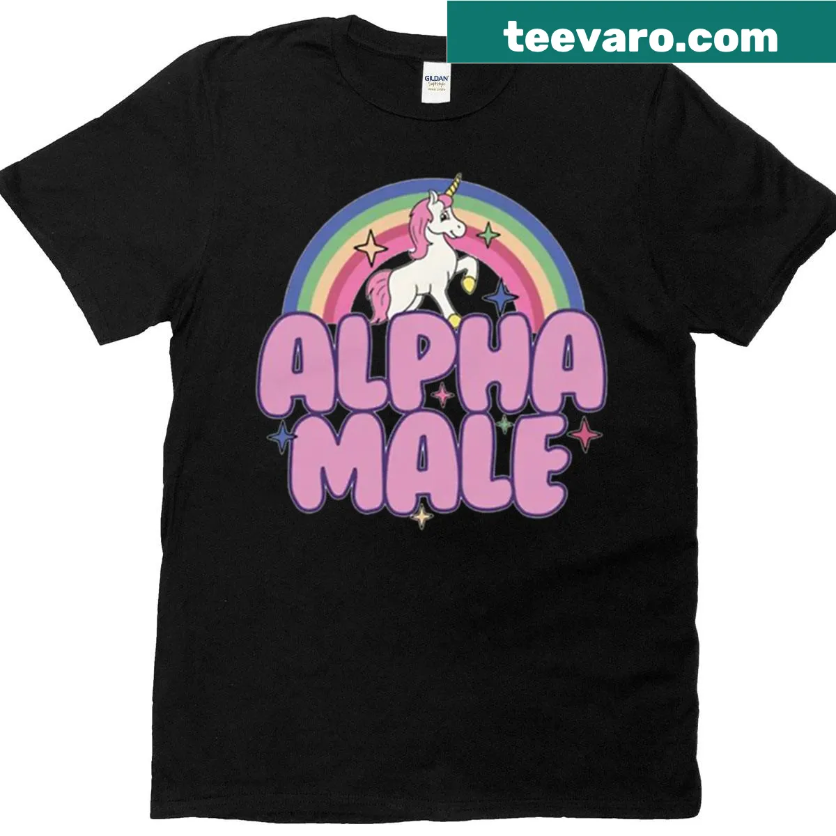 Playful unicorn T-shirt with rainbow design — on a men's t-shirt