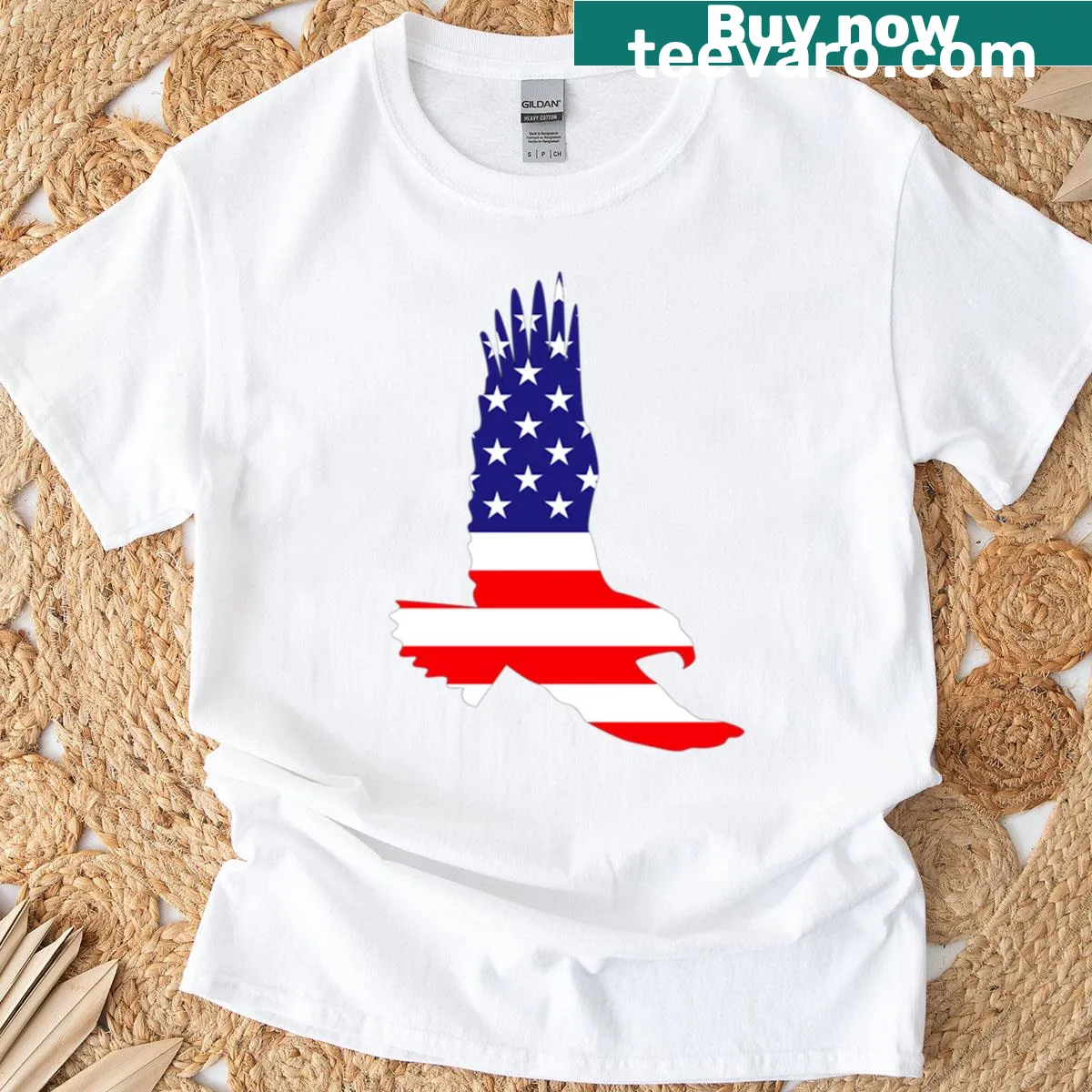 Eagle soaring above the American flag graphic t-shirt. — on a men's t-shirt