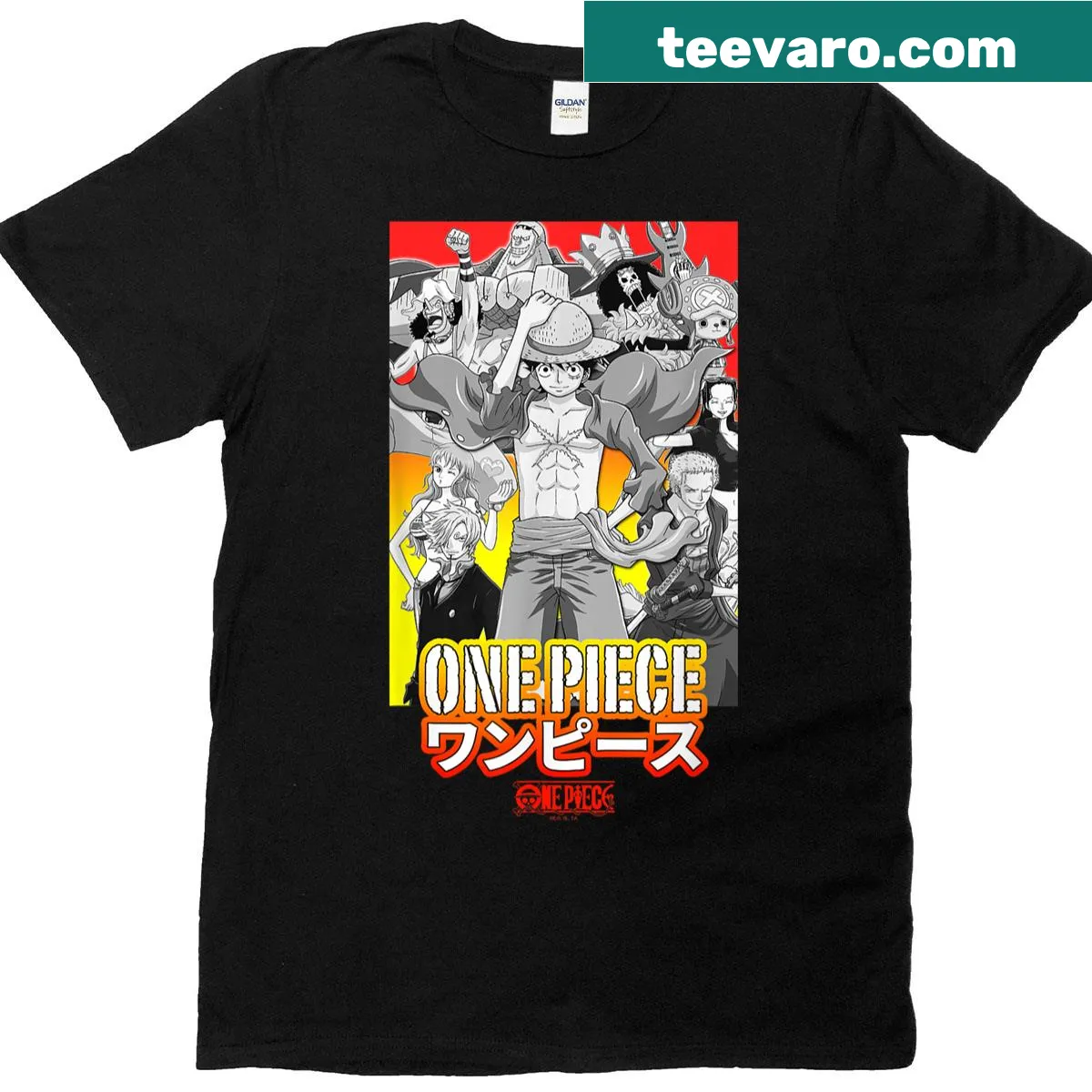 Collage of anime characters with stencil logo on T-shirt — on a men's t-shirt