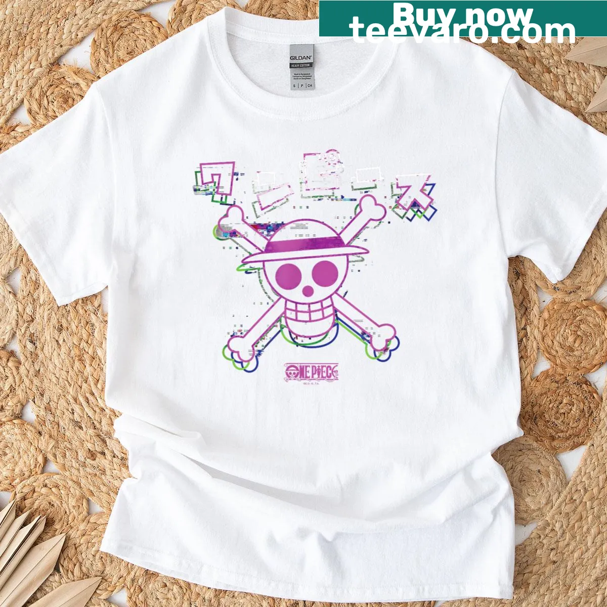 Anime T-shirt with a glitch straw hat design and kanji — on a men's t-shirt
