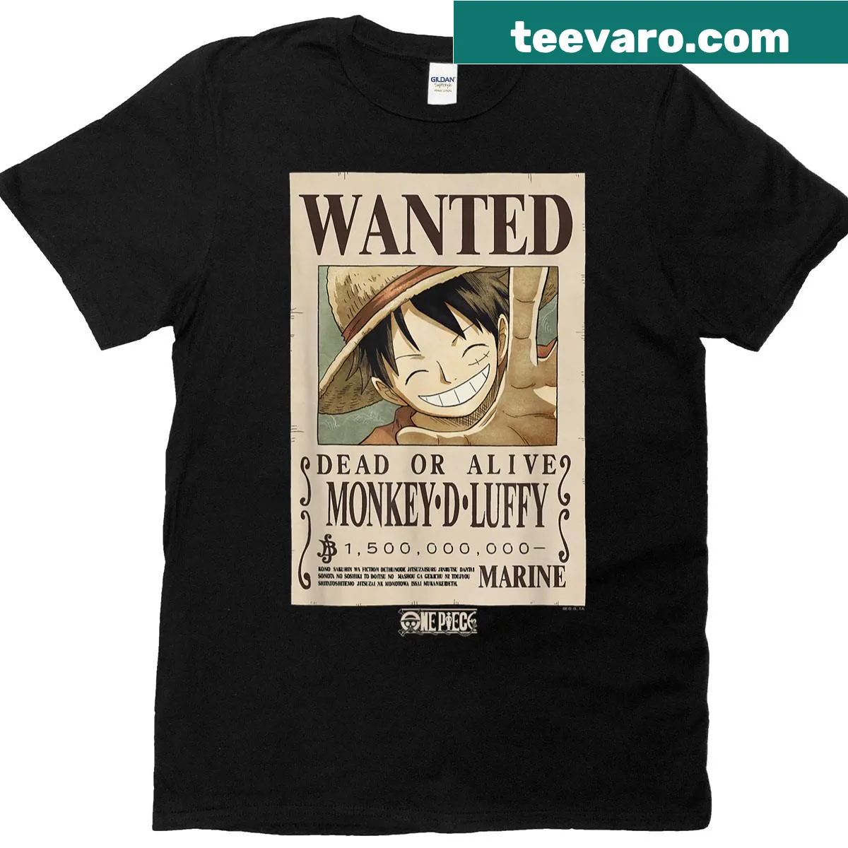 Wanted poster graphic of Monkey D. Luffy on t-shirt — on a men's t-shirt