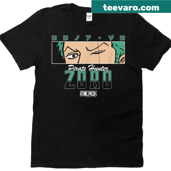 Anime T-shirt featuring Pirate Hunter Zoro's eyes and kanji