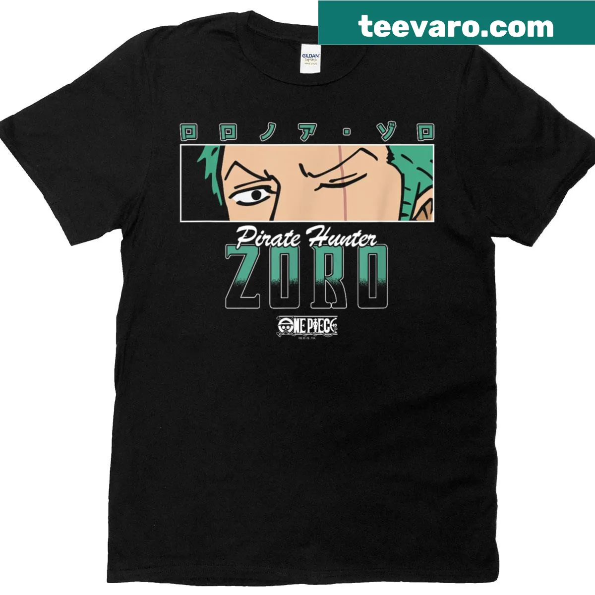 Anime T-shirt featuring Pirate Hunter Zoro's eyes and kanji — on a men's t-shirt