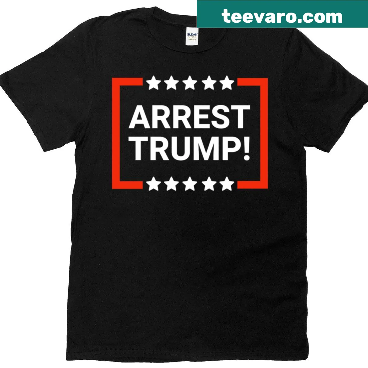 Bold graphic T-shirt with Arrest Trump message in typography — on a men's t-shirt