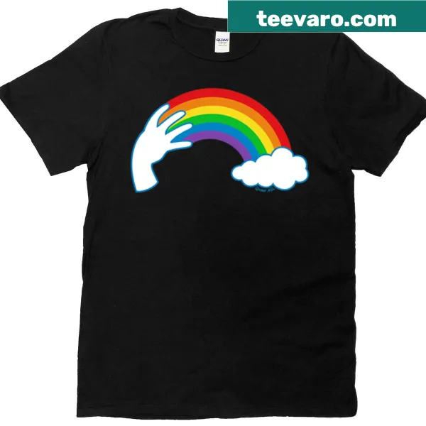 Colorful ASL hand sign design on a rainbow background