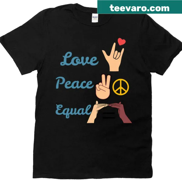 Auslan symbols for love, peace, and equality on a T-shirt