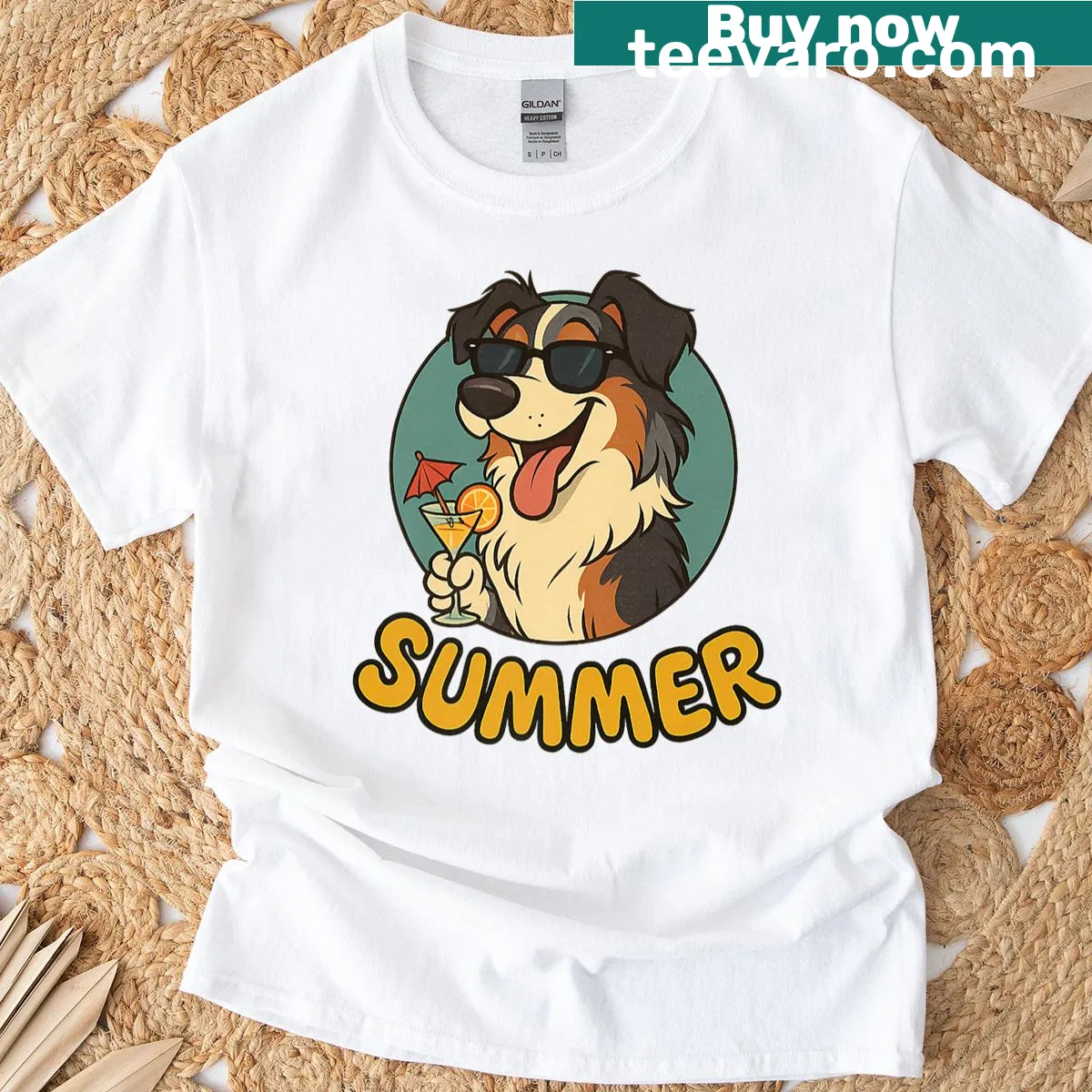 Cartoon T-shirt featuring a funny Australian Shepherd summer design. — on a men's t-shirt