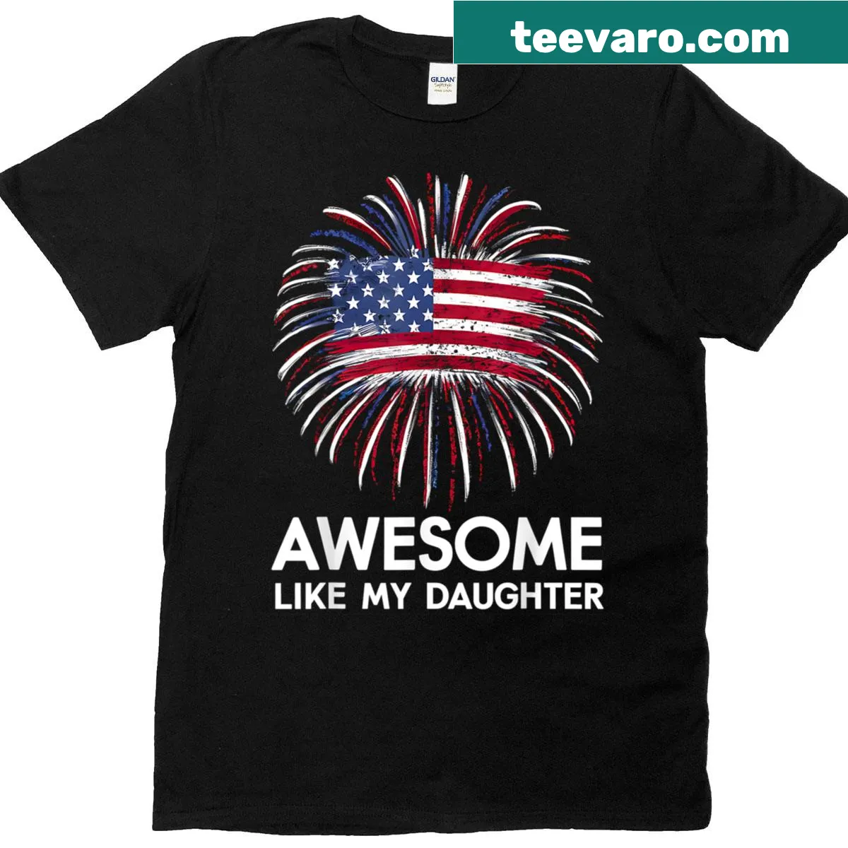 4th of July shirt with fireworks and USA flag design — on a men's t-shirt