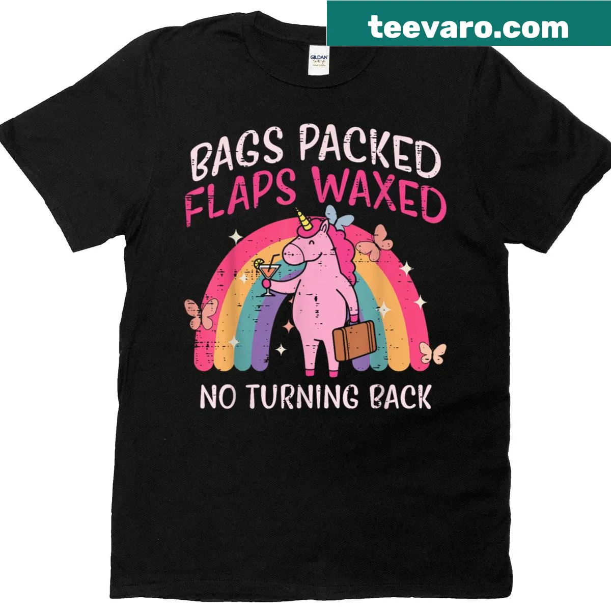 Funny unicorn vacation t-shirt with playful text and graphics — on a men's t-shirt