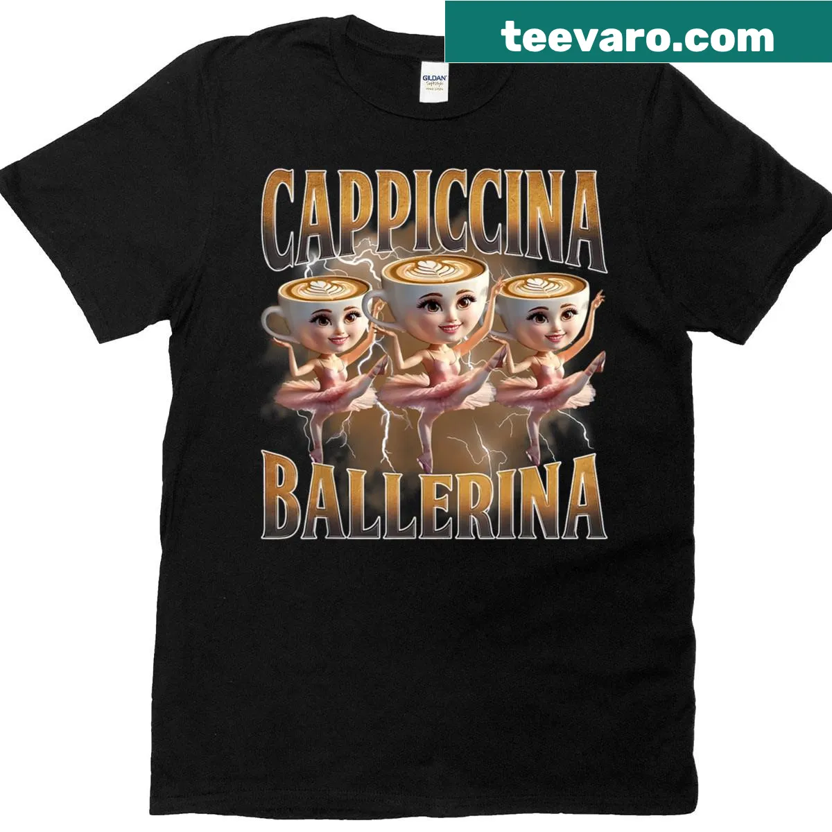 Ballerina dancing around a cappuccino on a T-shirt — on a men's t-shirt